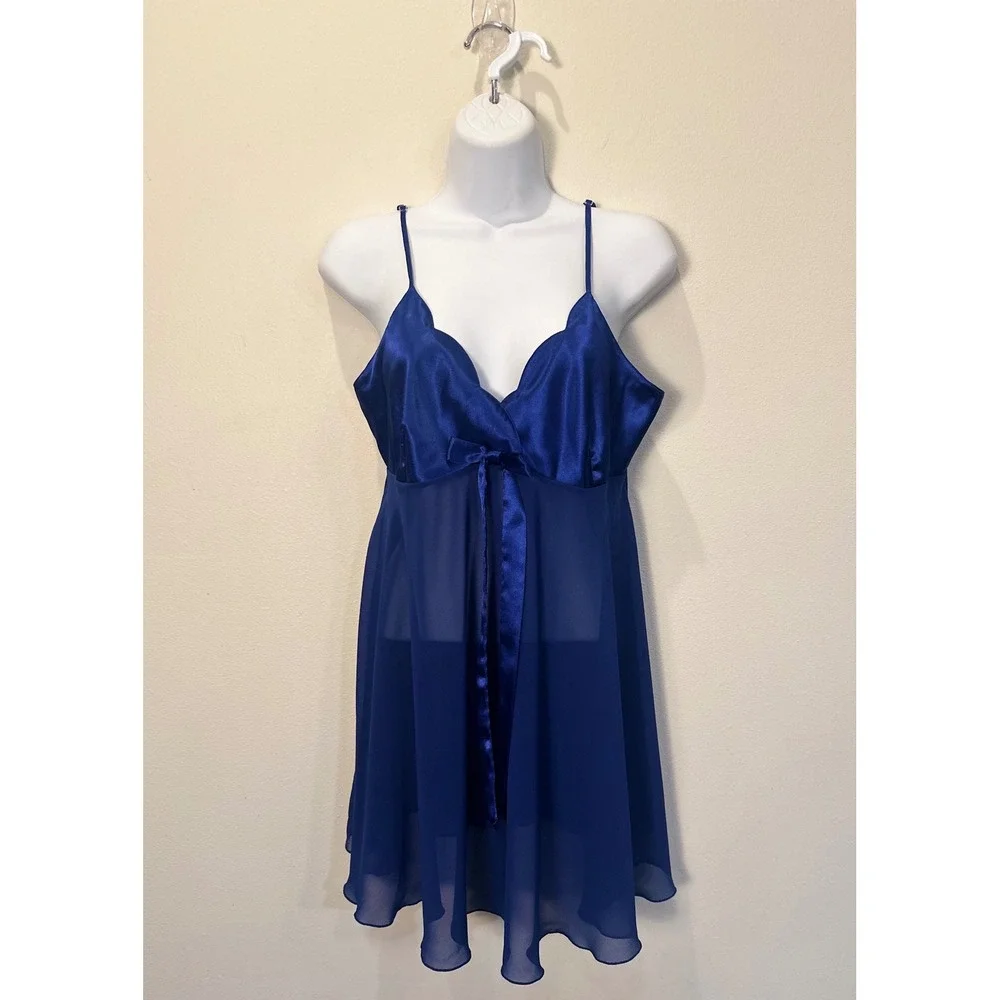 Victoria's Secret Royal Blue Satin Sheer Babydoll Chemise Lingerie Nightie L
